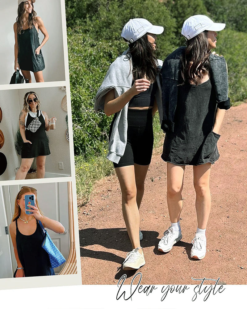 Adjustable Strap Active Mini Dress with Built-In Shorts & Pockets - view 5