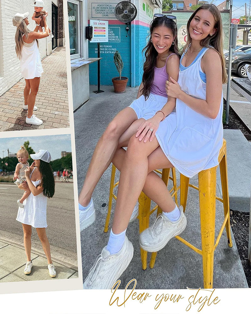 Adjustable Strap Active Mini Dress with Built-In Shorts & Pockets - view 7