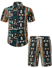 Men's Casual Boho 70s Vintage Green Matching Shirt and Shorts Set