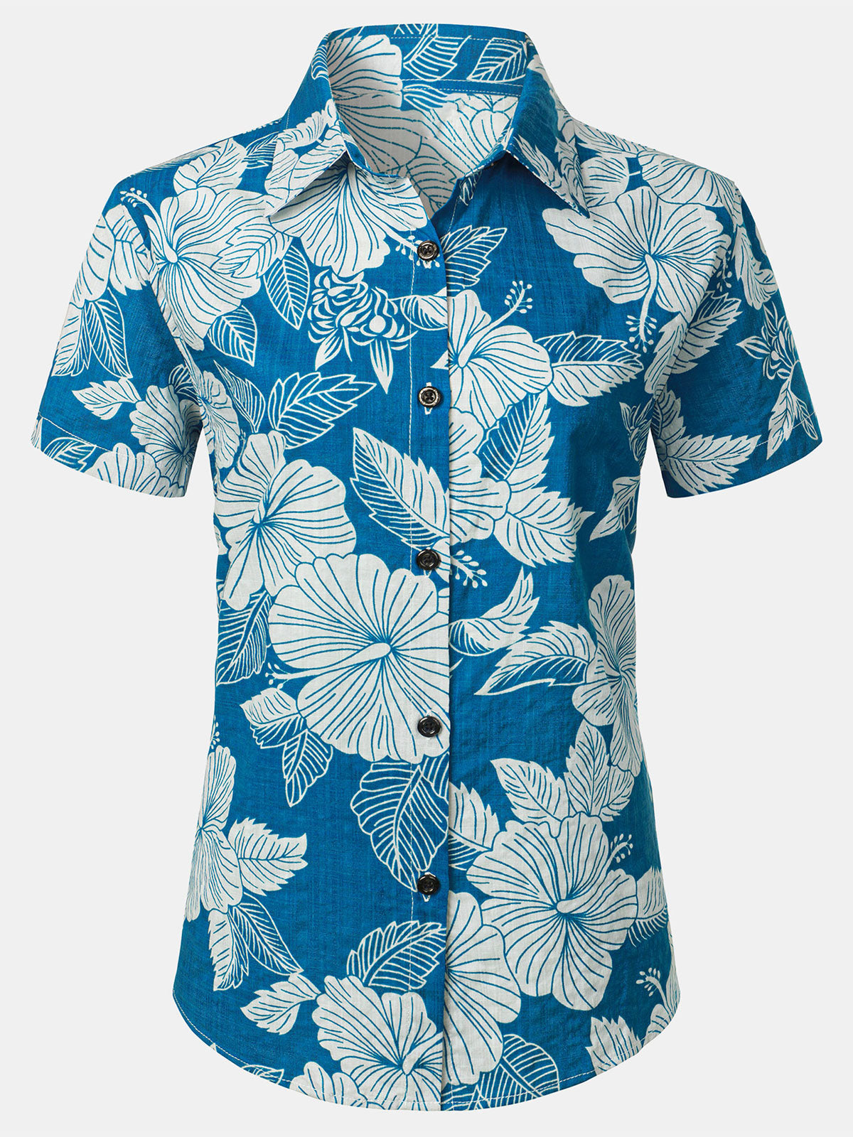 Women's Blue Floral Print Blouse Hawaiian Cotton Beach Summer Aloha Short Sleeve Shirt