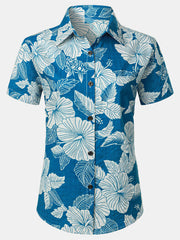 Women's Blue Floral Print Blouse Hawaiian Cotton Beach Summer Aloha Short Sleeve Shirt