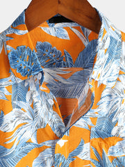 Men's Tropical Leaf Print Pocket Short Sleeve Shirt