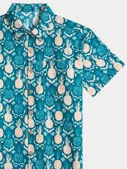 Men’s Tropical Resort Vacation Holiday Party Hawaiian Pineapple Cotton Short Sleeve Shirt