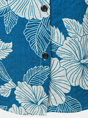Women's Blue Floral Print Blouse Hawaiian Cotton Beach Summer Aloha Short Sleeve Shirt