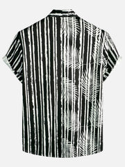 Men's Tropical Plant Striped Print Pocket Hawaiian Black Short Sleeve Shirt