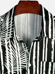 Men's Tropical Plant Striped Print Pocket Hawaiian Black Short Sleeve Shirt
