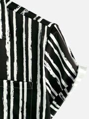 Men's Tropical Plant Striped Print Pocket Hawaiian Black Short Sleeve Shirt