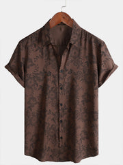 Men's Retro Brown Floral Holiday Wear Short Sleeve Shirt