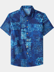Men’s Summer Beach Blue Patchwork Pattern Cotton Casual Breathable Short Sleeve Shirt