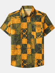 Men’s Vintage Geometric Check Pattern Cotton Breathable Summer Holiday Short Sleeve Shirt