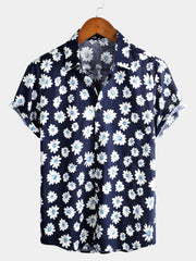 Men's Floral Daisy Print Tropical Hawaiian Cotton Flower Shirt