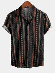 Men's Retro Black Striped Print Button Up 70s Vintage Short Sleeve Western Shirt