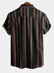 Men's Retro Black Striped Print Button Up 70s Vintage Short Sleeve Western Shirt
