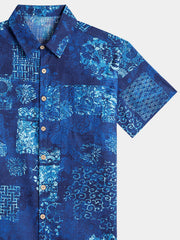 Men’s Summer Beach Blue Patchwork Pattern Cotton Casual Breathable Short Sleeve Shirt