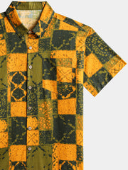 Men’s Vintage Geometric Check Pattern Cotton Breathable Summer Holiday Short Sleeve Shirt