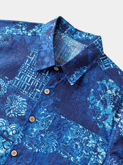 Men’s Summer Beach Blue Patchwork Pattern Cotton Casual Breathable Short Sleeve Shirt