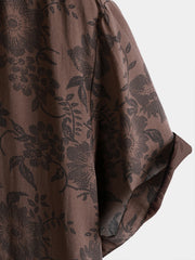 Men's Retro Brown Floral Holiday Wear Short Sleeve Shirt
