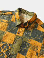 Men’s Vintage Geometric Check Pattern Cotton Breathable Summer Holiday Short Sleeve Shirt