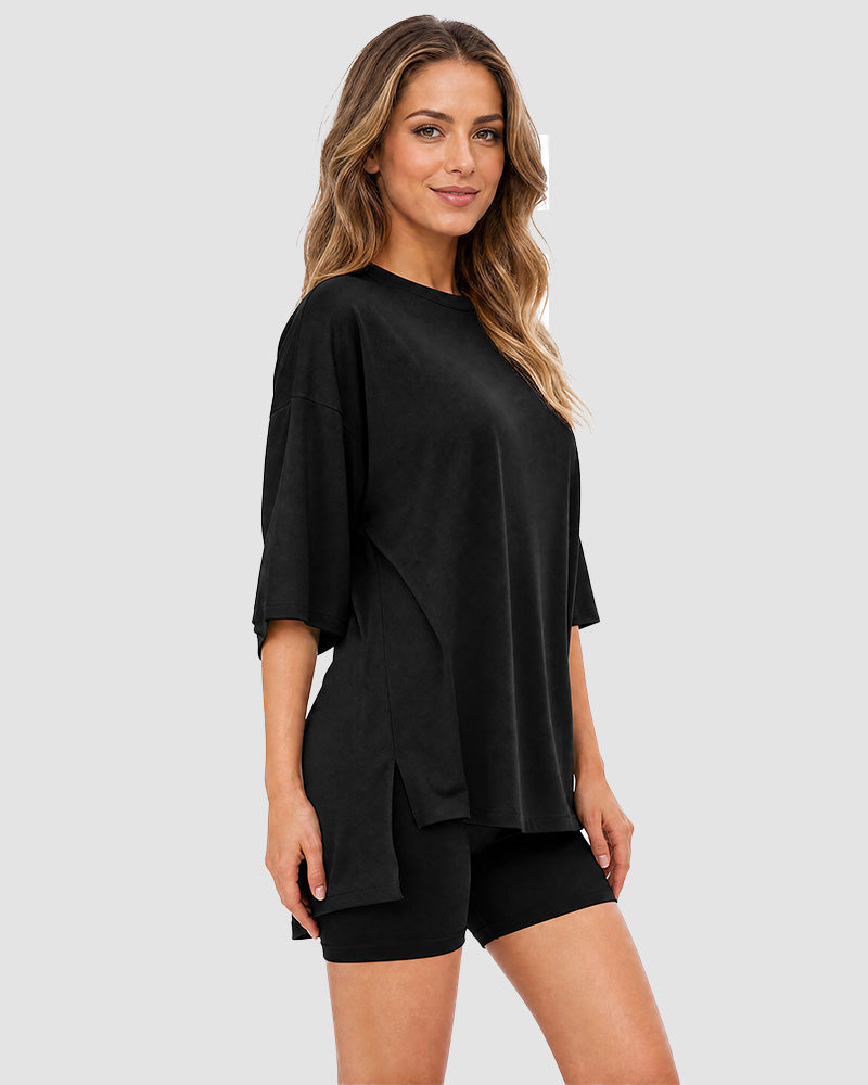 Casual Oversized 2-Piece Lounge Set with Crewneck & Split Hem - view 8