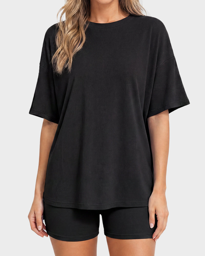 Casual Oversized 2-Piece Lounge Set with Crewneck & Split Hem - view 24