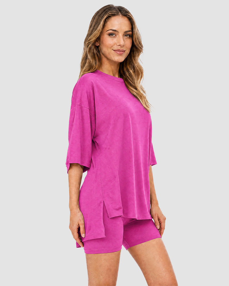 Casual Oversized 2-Piece Lounge Set with Crewneck & Split Hem - view 16
