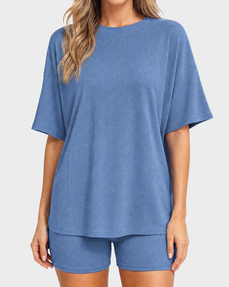 Casual Oversized 2-Piece Lounge Set with Crewneck & Split Hem - view 22