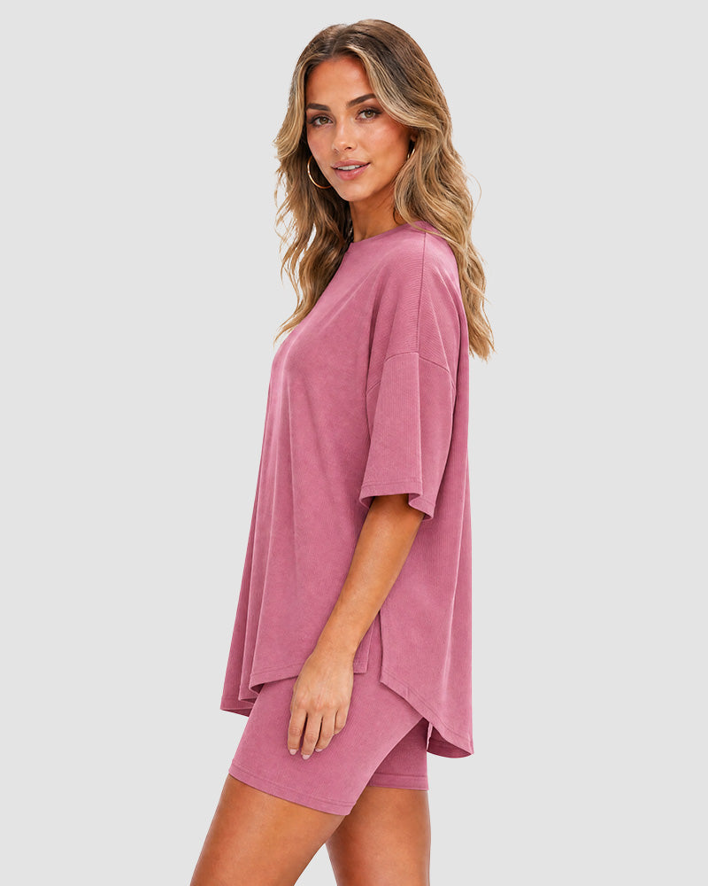 Casual Oversized 2-Piece Lounge Set with Crewneck & Split Hem - view 11