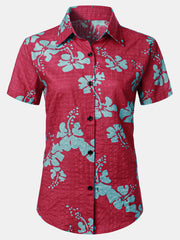 Women's Floral Print Blouse Flower Hawaiian Cotton Summer Aloha Short Sleeve Shirt