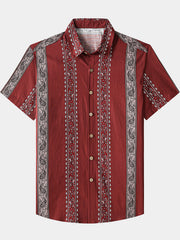 Men’s Retro Hawaiian Print Paisley Striped Cotton Breathable Resort Vacation Short Sleeve Shirt