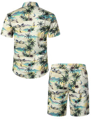 Men's Palm Tree Beige Island Summer Casual Hawaiian Matching Shirt and Shorts Set