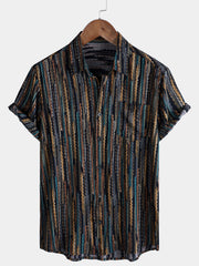 Men's Striped Vintage Holiday Button Short Sleeve Shirt