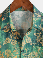 Men's Green Floral Print Pocket Short Sleeve Shirt