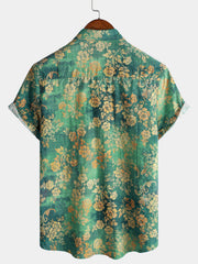 Men's Green Floral Print Pocket Short Sleeve Shirt