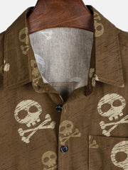 Men's Skull Brown Hawaiian Holiday Cool Short Sleeve Shirt