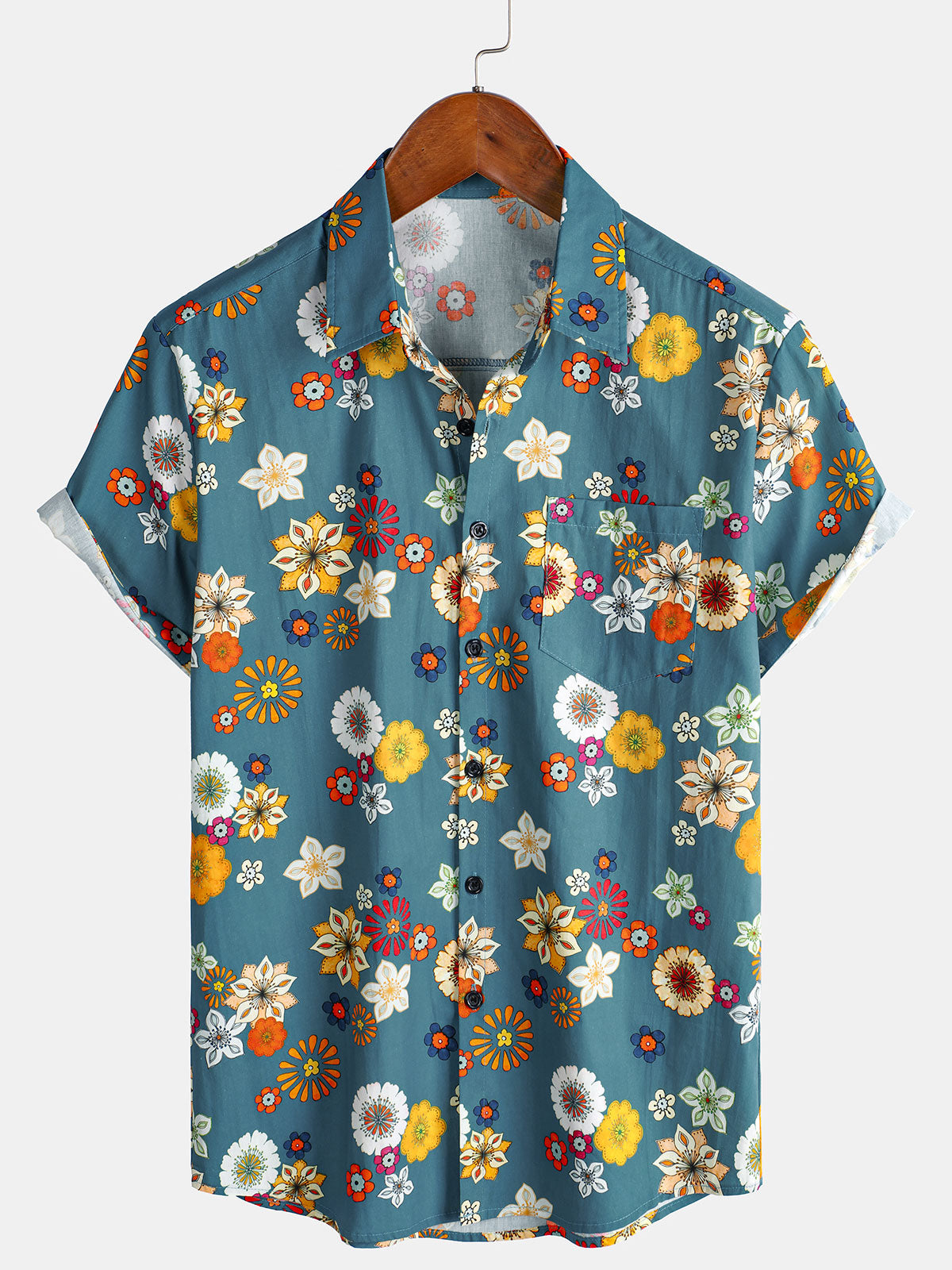 Men's Floral Print Cotton Hawaiian Aloha Short Sleeve Shirt