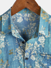 Men's Blue Floral Print Pocket Short Sleeve Shirt