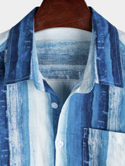 Men's Blue Striped Art Breathable Pocket Short Sleeve Shirt