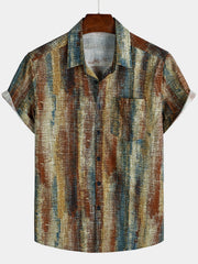Men's Striped Holiday Button Up Pocket Short Sleeve Shirt