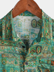 Men's Green Vintage Short Sleeve Breathable Button Up Shirt