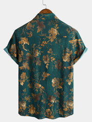 Men's Vacation Cotton Button Up Short Sleeve Green Vintage Hawaiian Shirt