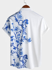 Men's Blue Floral Print Summer Beach Cruise Hawaiian Short Sleeve Shirt