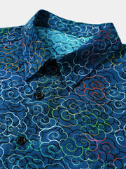 Men's Casual Holiday Blue Art Button Up Short Sleeve Shirt