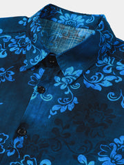 Men's Blue Floral Print Vacation Hawaiian Short Sleeve Shirt