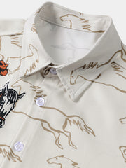 Men's Retro Western Casual Cowboy Equestrian Print Short Sleeve Shirt