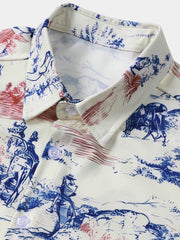 Men's Horse Print Cowboy Western Button Holiday Short Sleeve Shirt