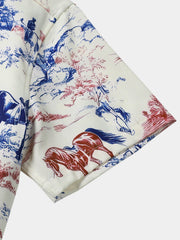 Men's Horse Print Cowboy Western Button Holiday Short Sleeve Shirt