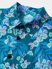 Men's Blue Floral Summer Hawaiian Short Sleeve Button Up Shirt