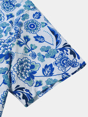 Men's Blue Paisley Floral Hawaiian Short Sleeve Holiday Shirt