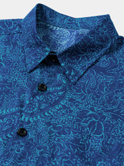 Men's Blue Vintage Paisley Floral Short Sleeve Button Shirt