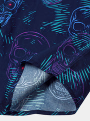 Men's Skull Punk Rock and Roll Cool Blue Hawaiian Short Sleeve Shirt